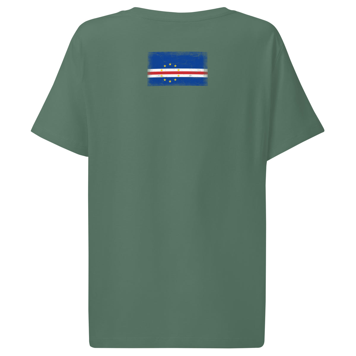 Cape Verde flag t-shirt in Green Bay, vintage-washed print, flag across the upper back, women cut, back view