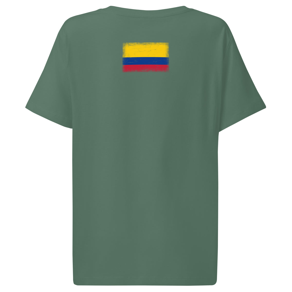 Colombia flag t-shirt in Green Bay, vintage-washed print, flag across the upper back, women cut, back view