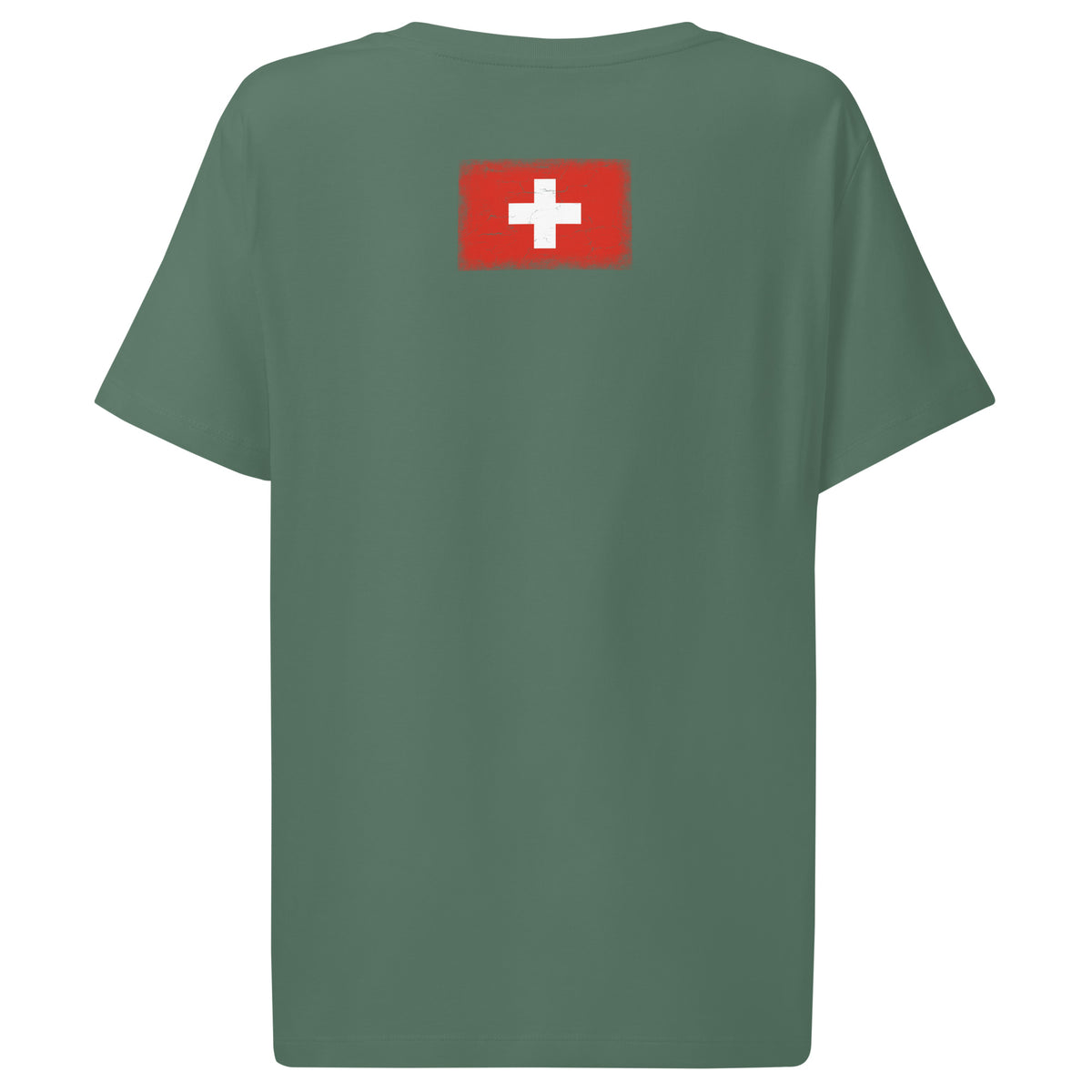 Switzerland flag t-shirt in Green Bay, vintage-washed print, flag across the upper back, women cut, back view