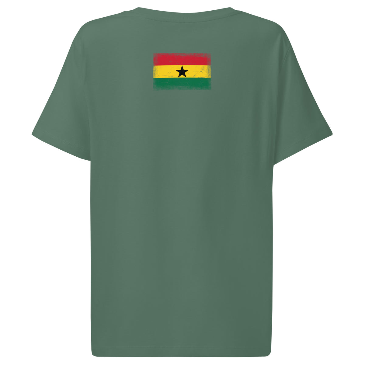 Ghana flag t-shirt in Green Bay, vintage-washed print, flag across the upper back, women cut, back view