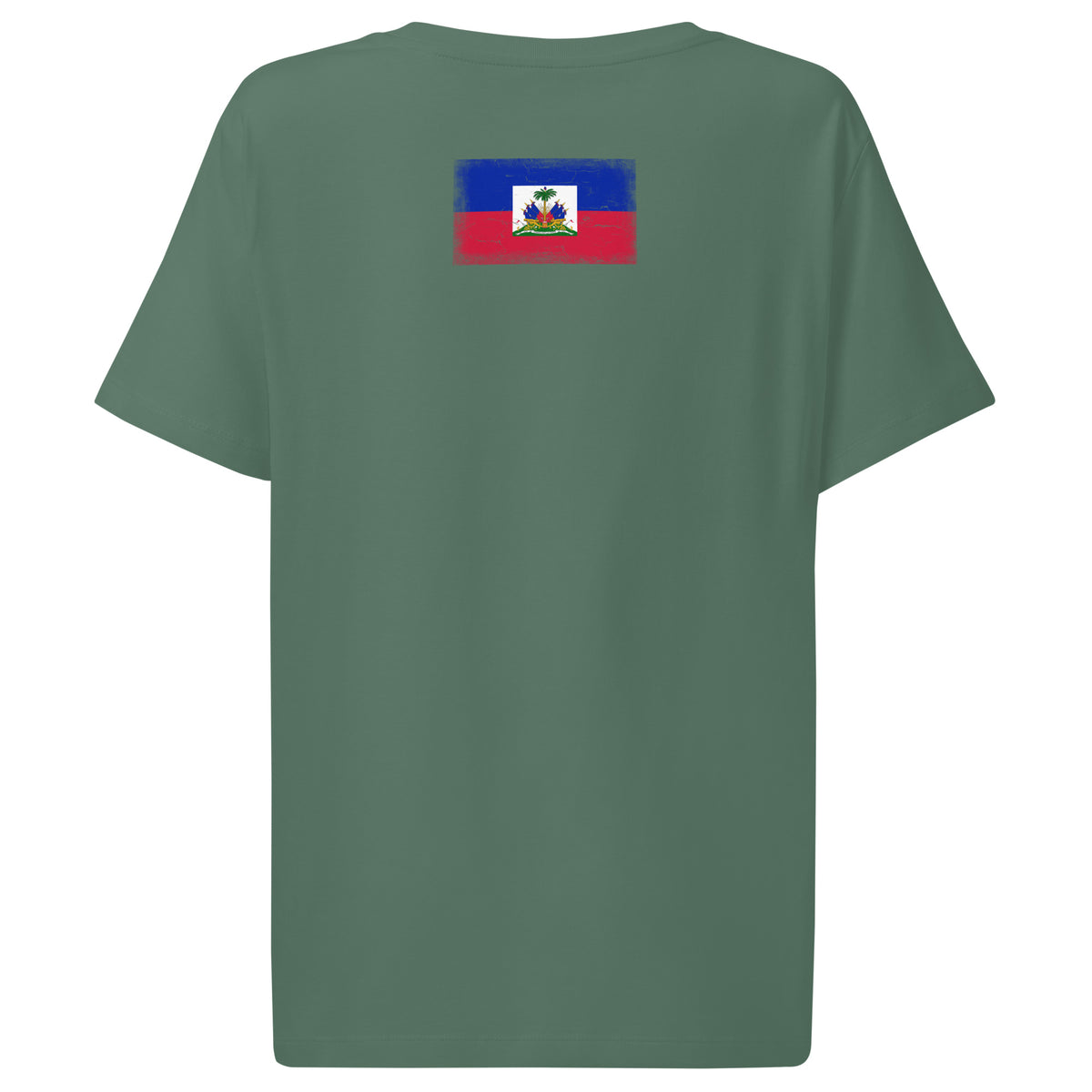 Haiti flag t-shirt in Green Bay, vintage-washed print, flag across the upper back, women cut, back view