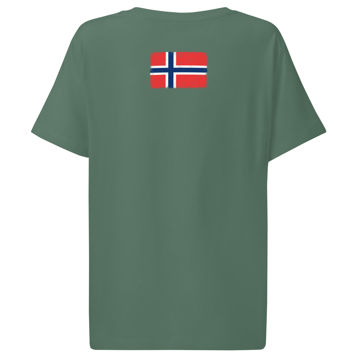 Norway flag t-shirt in Green Bay, vintage-washed print, flag across the upper back, women cut, back view