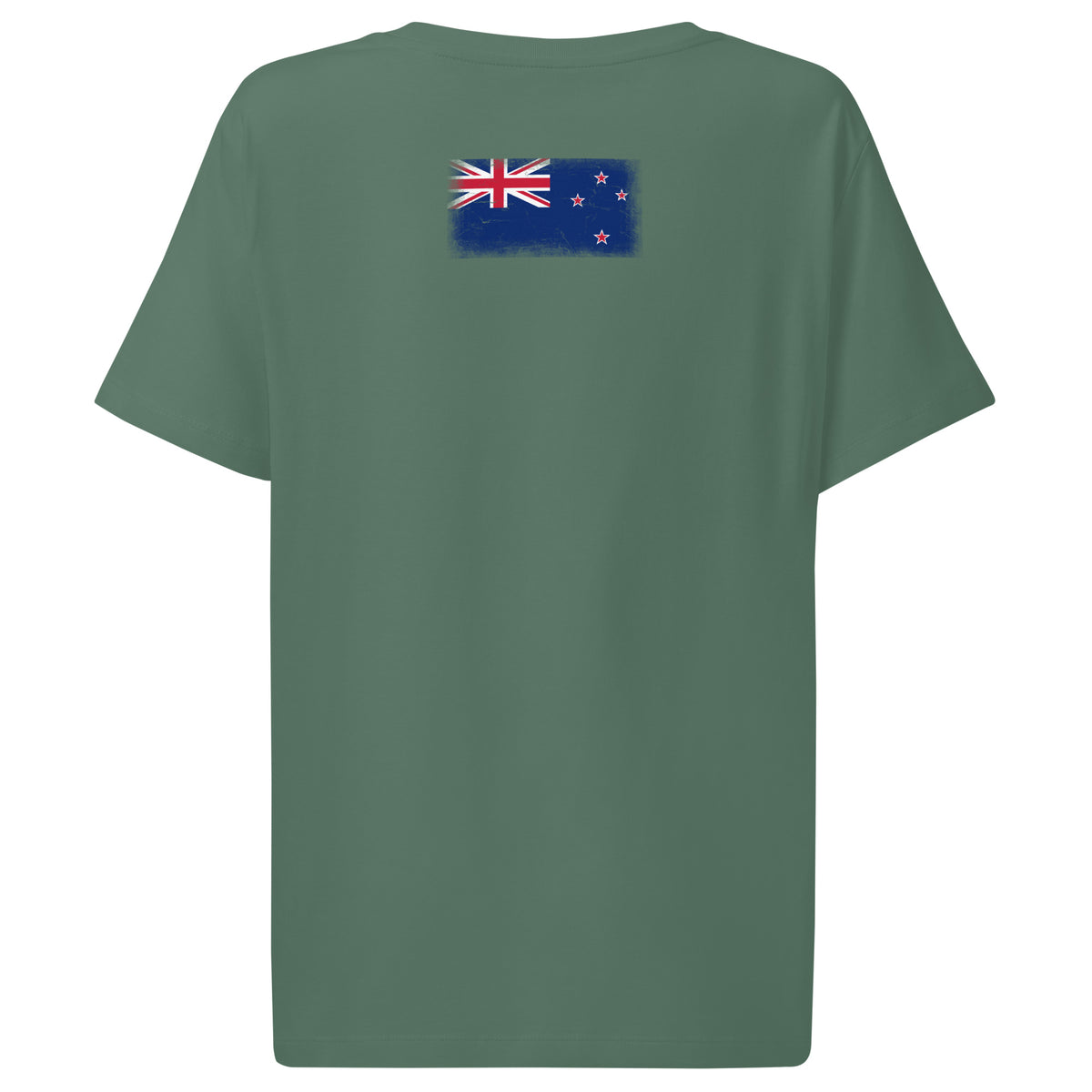 New Zealand flag t-shirt in Green Bay, vintage-washed print, flag across the upper back, women cut, back view