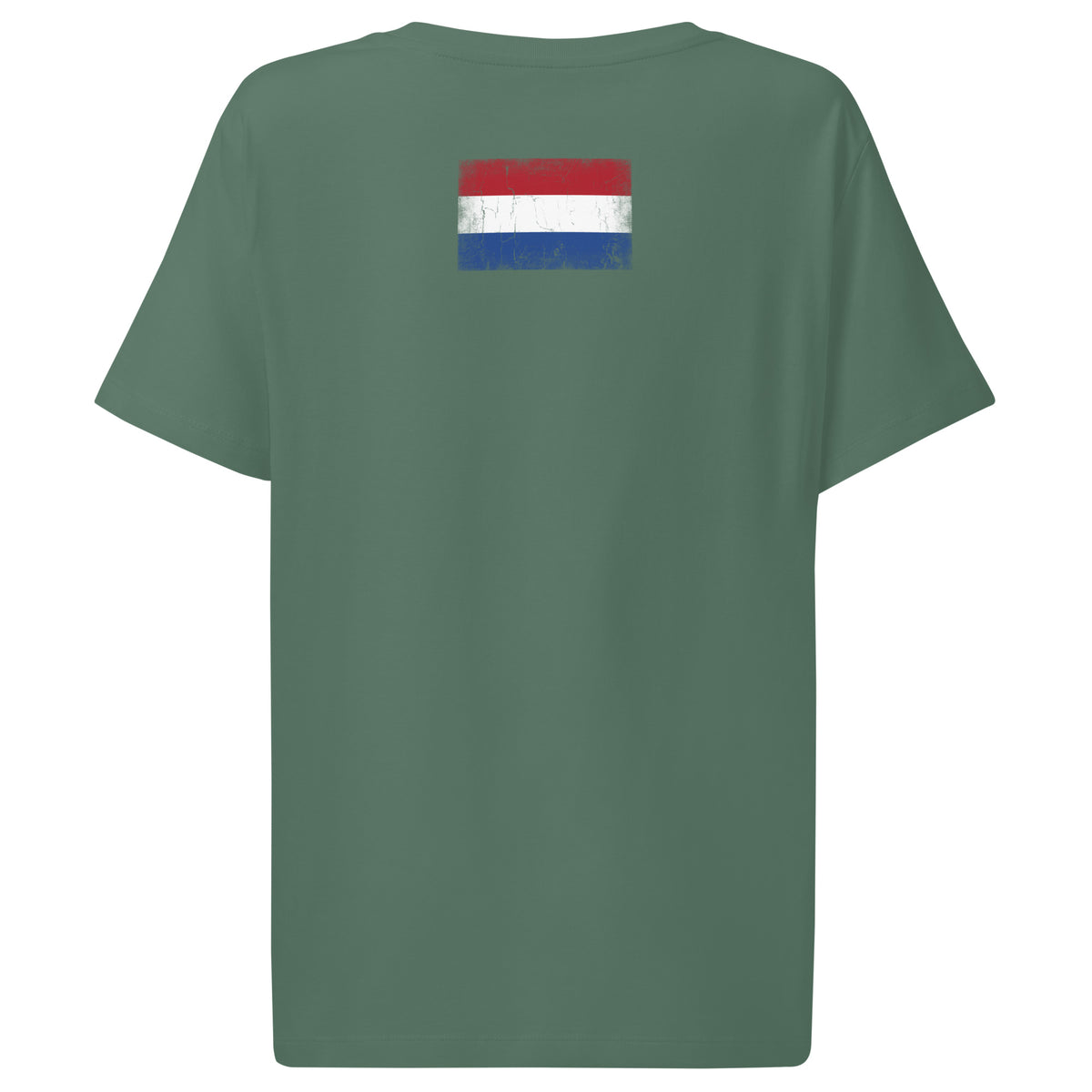 Netherlands flag t-shirt in Green Bay, vintage-washed print, flag across the upper back, women cut, back view