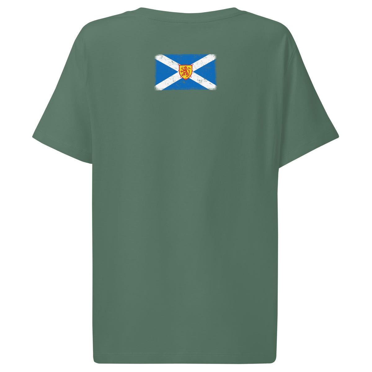 Scotland flag t-shirt in Green Bay, vintage-washed print, flag across the upper back, women cut, back view