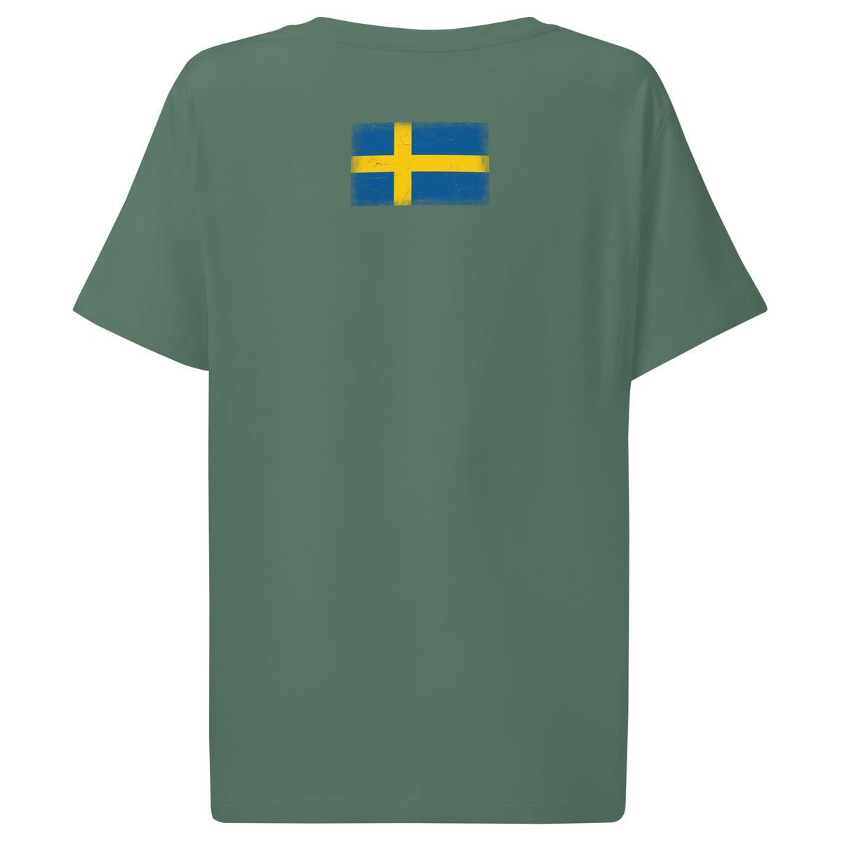 Sweden flag t-shirt in Green Bay, vintage-washed print, flag across the upper back, women cut, back view