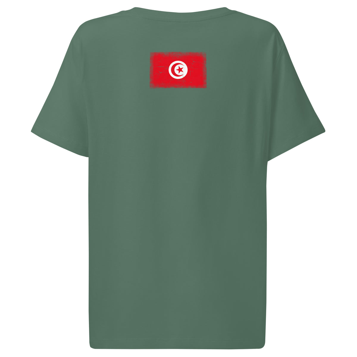 Tunisia flag t-shirt in Green Bay, vintage-washed print, flag across the upper back, women cut, back view