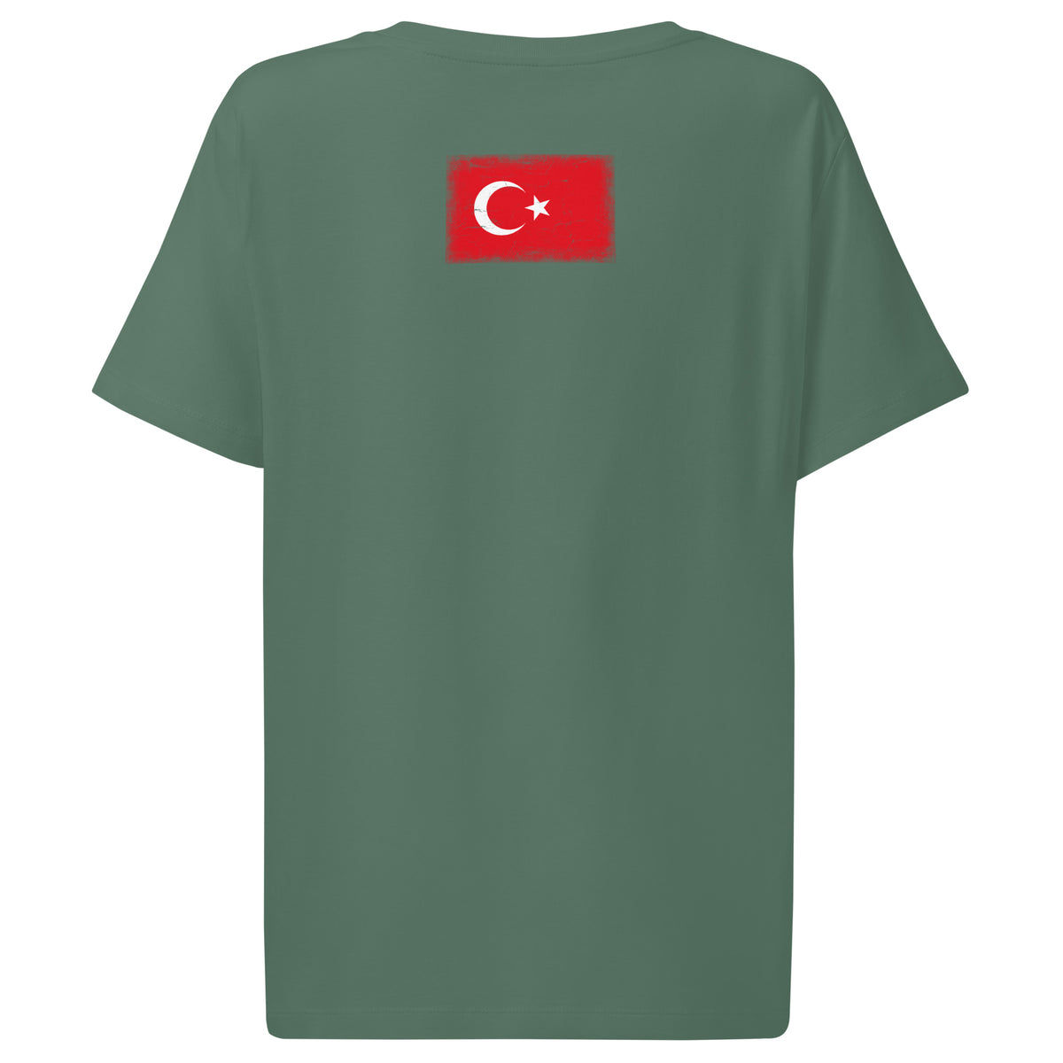 Turkey flag t-shirt in Green Bay, vintage-washed print, flag across the upper back, women cut, back view