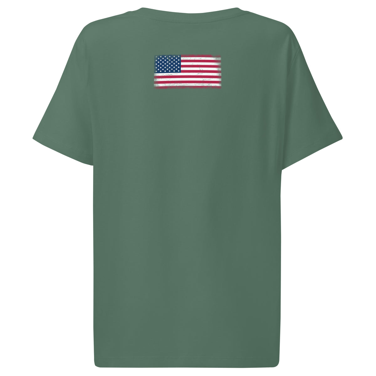 USA flag t-shirt in Green Bay, vintage-washed print, flag across the upper back, women cut, back view