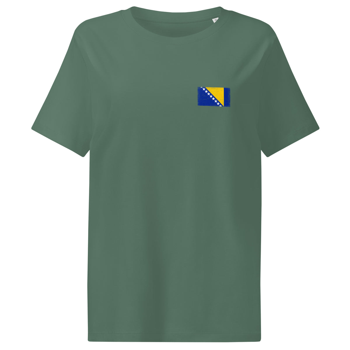 Bosnia and Herzegovina flag t-shirt in Green Bay, vintage-washed print, small flag on the left chest, women cut, front view