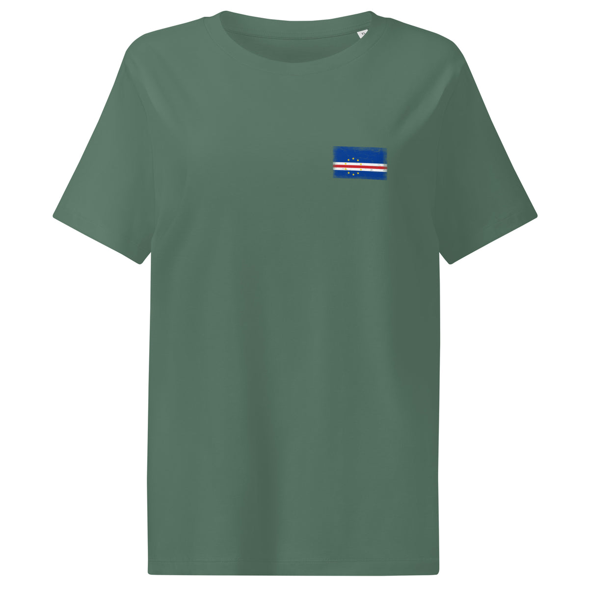 Cape Verde flag t-shirt in Green Bay, vintage-washed print, small flag on the left chest, women cut, front view