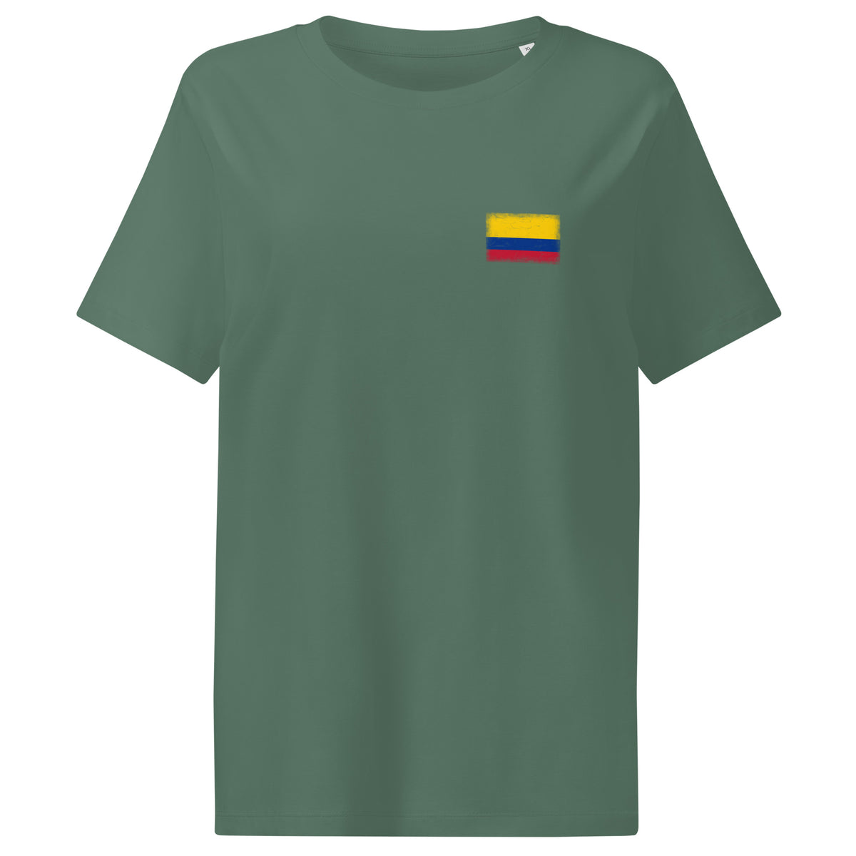 Colombia flag t-shirt in Green Bay, vintage-washed print, small flag on the left chest, women cut, front view