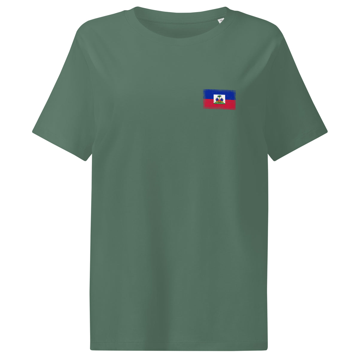 Haiti flag t-shirt in Green Bay, vintage-washed print, small flag on the left chest, women cut, front view