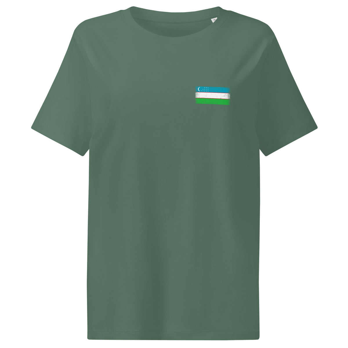 Uzbekistan flag t-shirt in Green Bay, vintage-washed print, small flag on the left chest, women cut, front view
