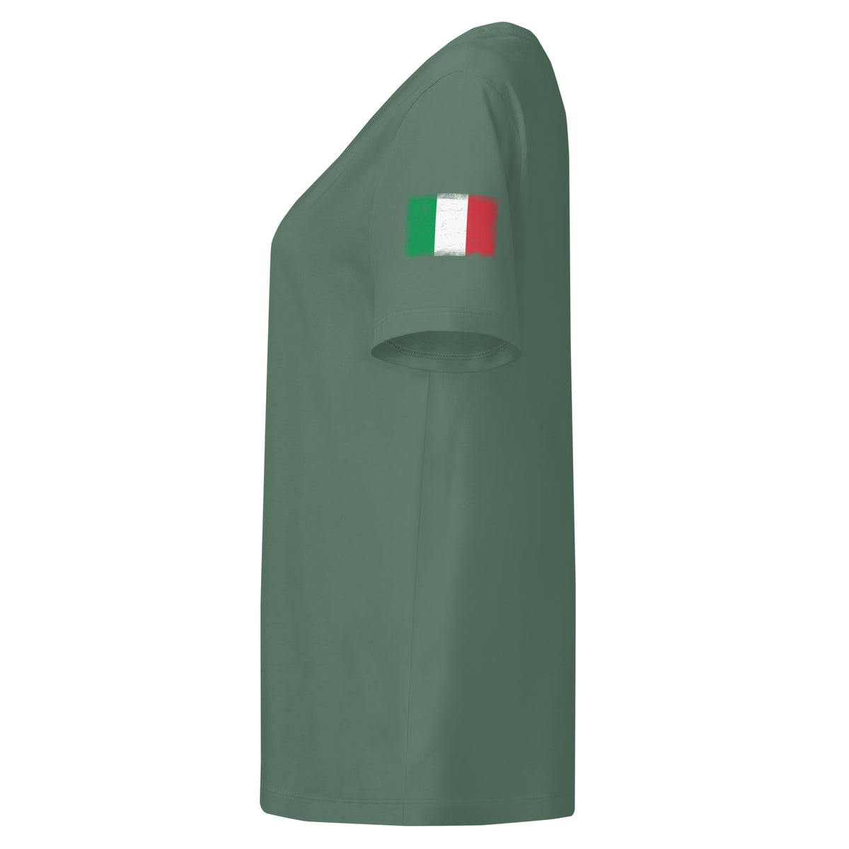 Italy flag t-shirt in Green Bay, vintage-washed print, flag badge on the left sleeve, women cut, side view
