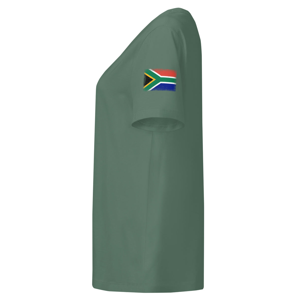 South Africa flag t-shirt in Green Bay, vintage-washed print, flag badge on the left sleeve, women cut, side view