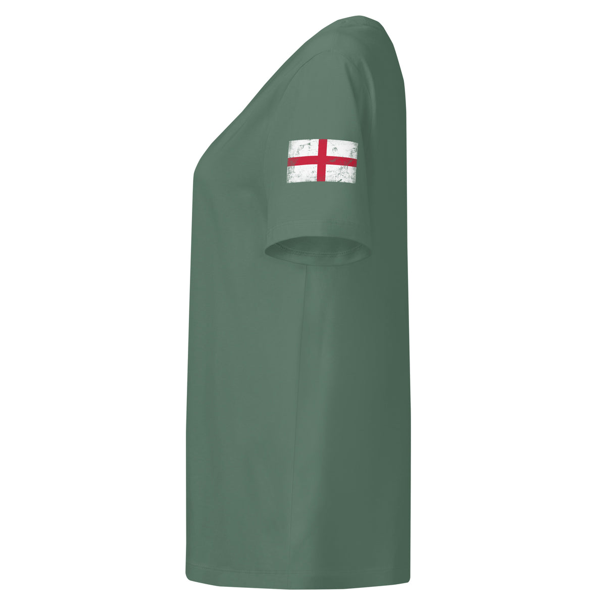 England flag t-shirt in Green Bay, vintage-washed print, flag badge on the left sleeve, women cut, side view