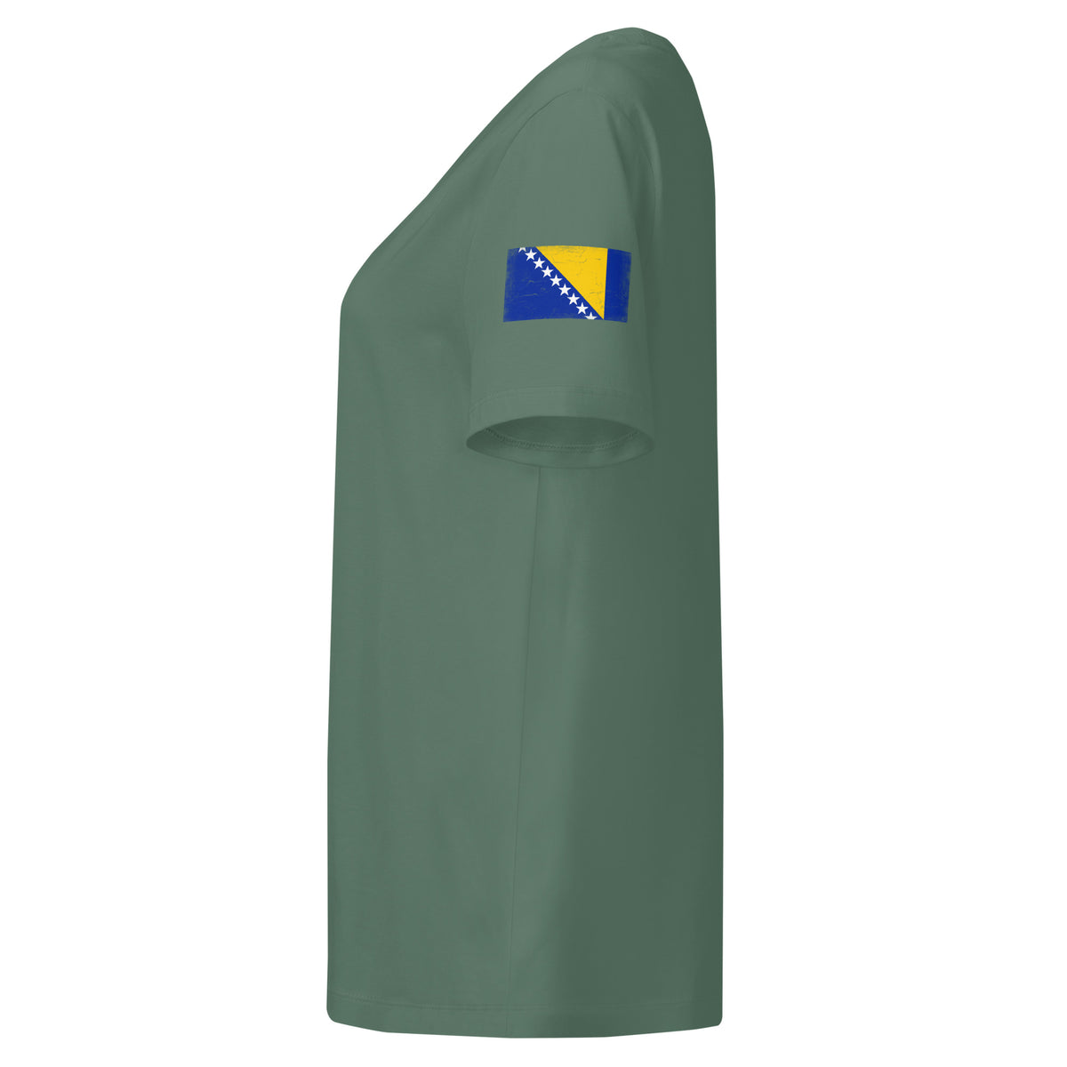 Bosnia and Herzegovina flag t-shirt in Green Bay, vintage-washed print, flag badge on the left sleeve, women cut, side view