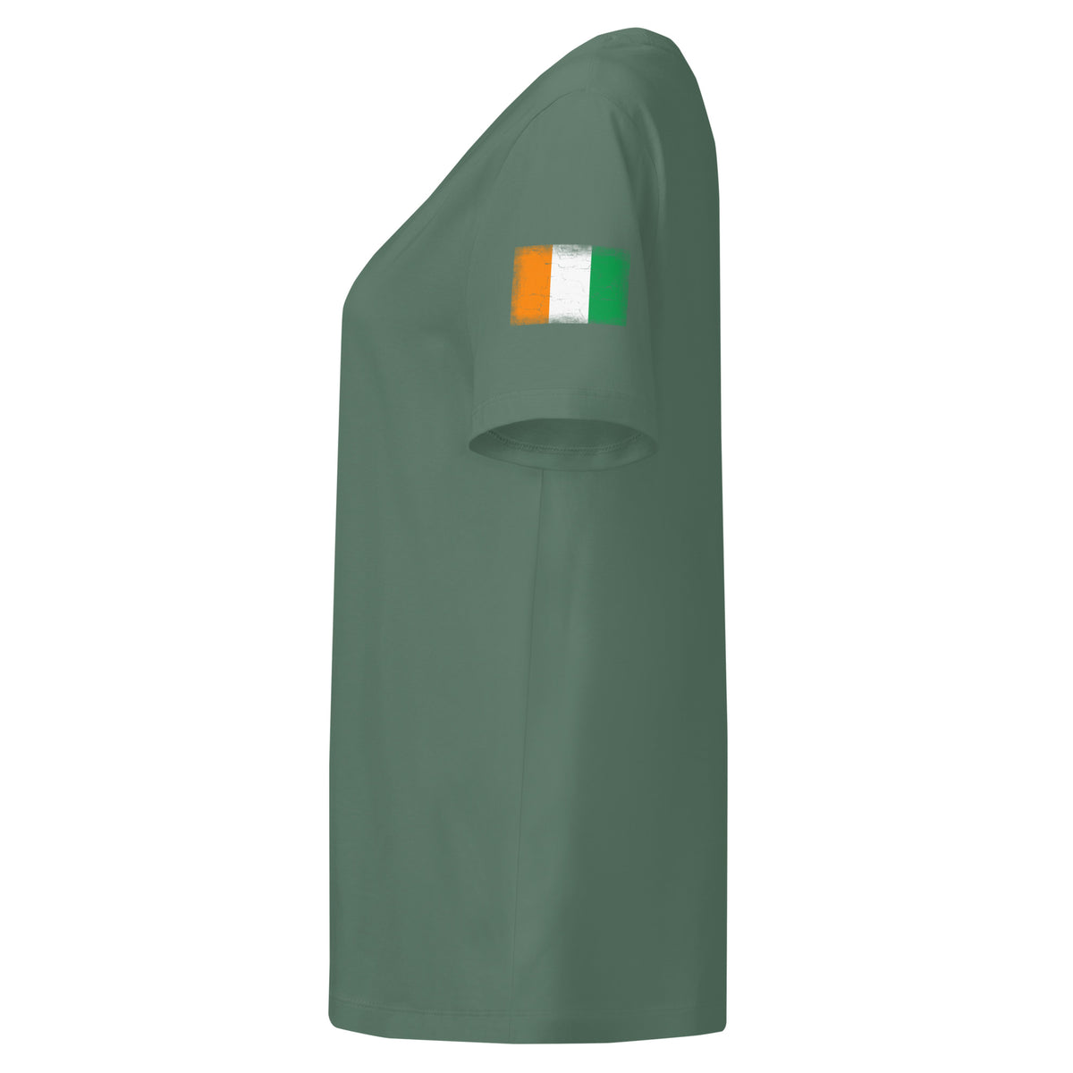 Côte d'Ivoire flag t-shirt in Green Bay, vintage-washed print, flag badge on the left sleeve, women cut, side view