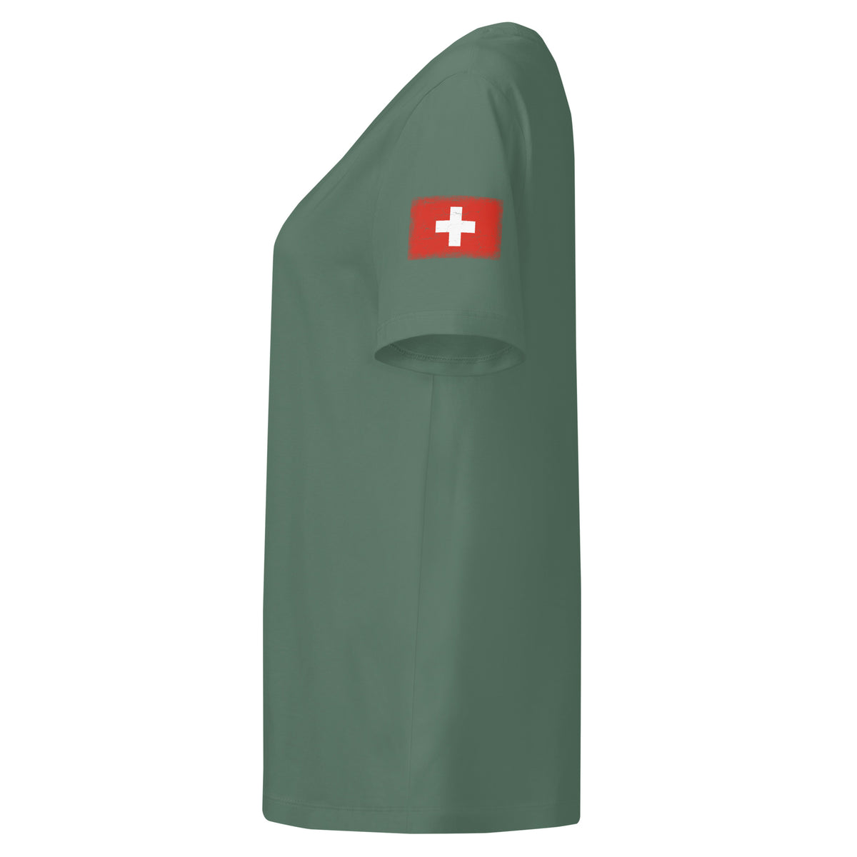 Switzerland flag t-shirt in Green Bay, vintage-washed print, flag badge on the left sleeve, women cut, side view