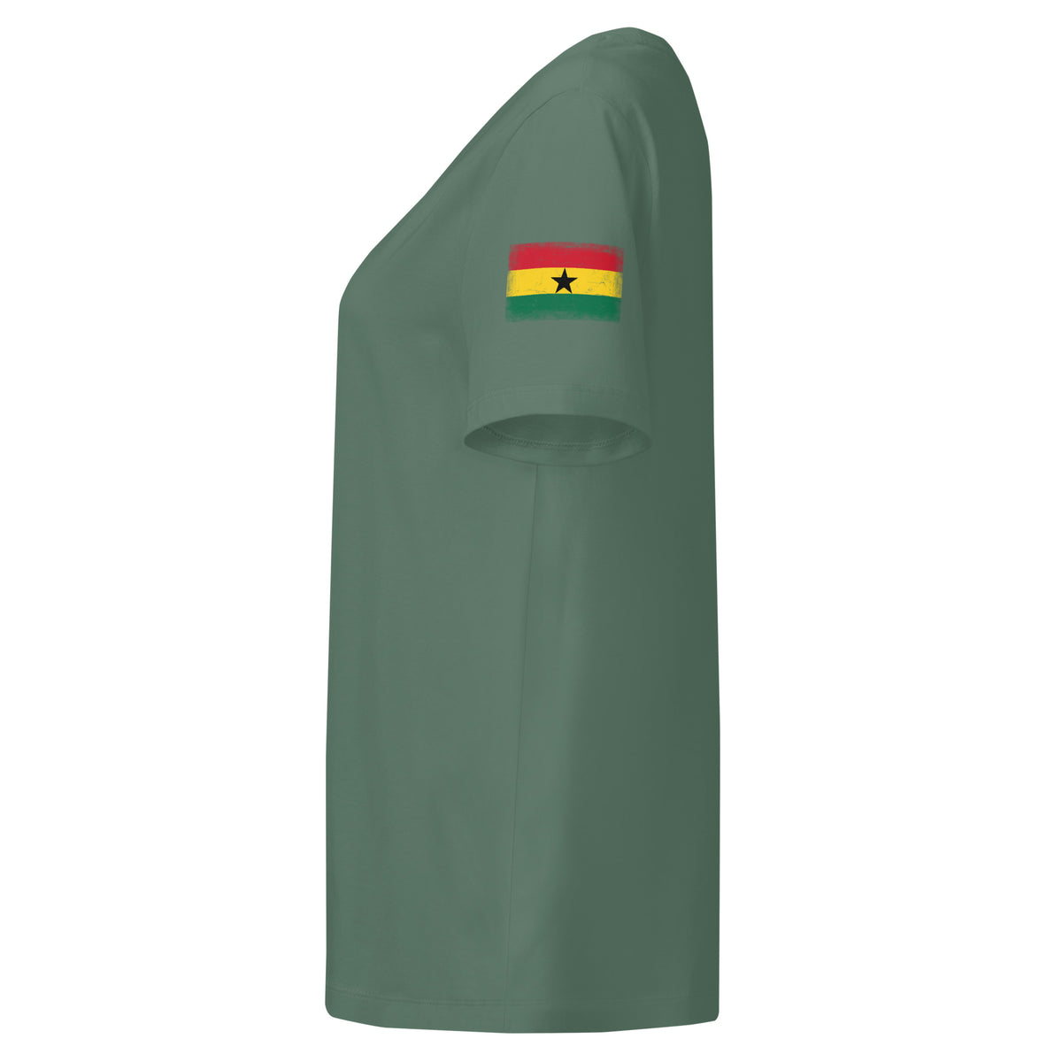 Ghana flag t-shirt in Green Bay, vintage-washed print, flag badge on the left sleeve, women cut, side view