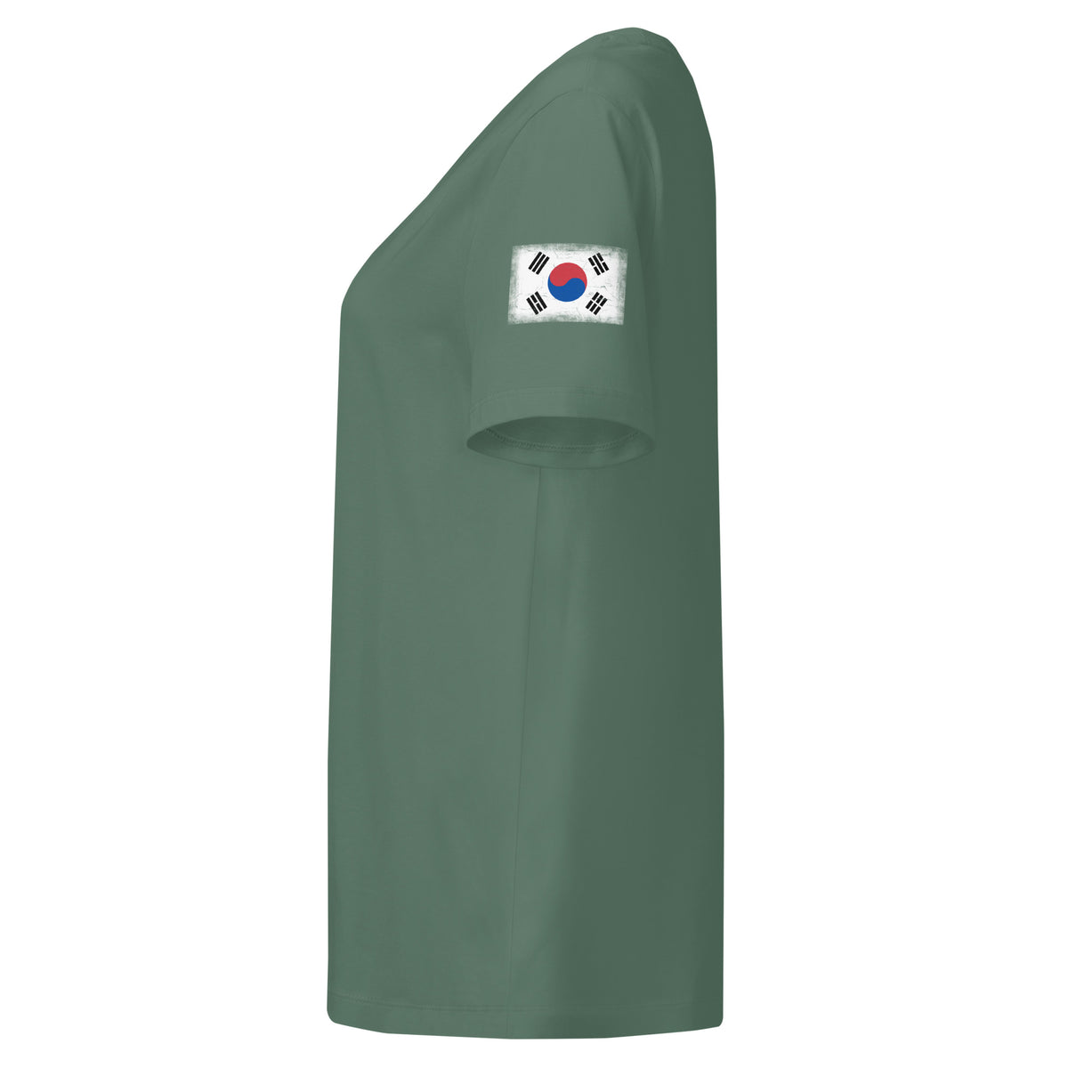 South Korea flag t-shirt in Green Bay, vintage-washed print, flag badge on the left sleeve, women cut, side view