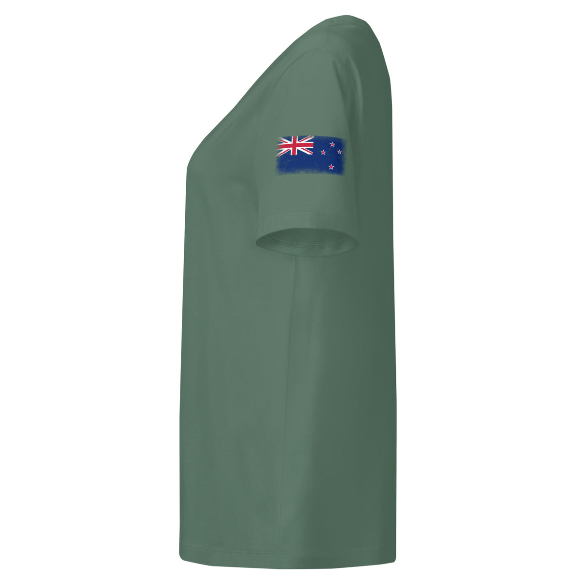 New Zealand flag t-shirt in Green Bay, vintage-washed print, flag badge on the left sleeve, women cut, side view