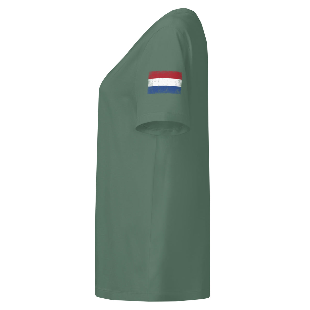 Netherlands flag t-shirt in Green Bay, vintage-washed print, flag badge on the left sleeve, women cut, side view