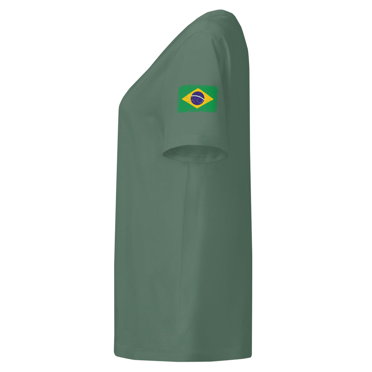 Brasil flag t-shirt in Green Bay, vintage-washed print, flag badge on the left sleeve, women cut, side view