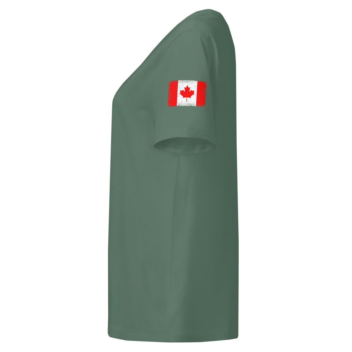 Canada flag t-shirt in Green Bay, vintage-washed print, flag badge on the left sleeve, women cut, side view