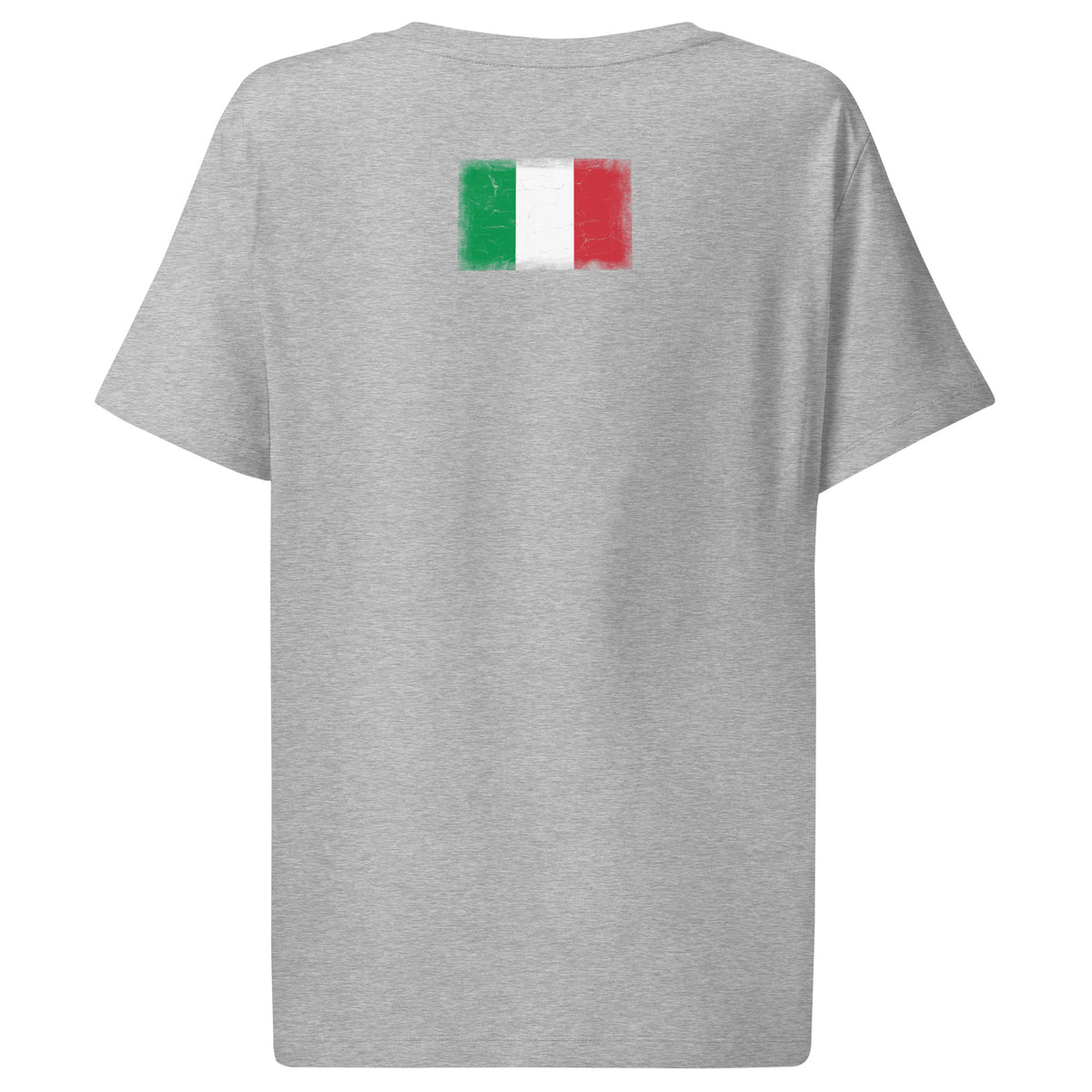 Italy flag t-shirt in Heather Grey, vintage-washed print, flag across the upper back, women cut, back view