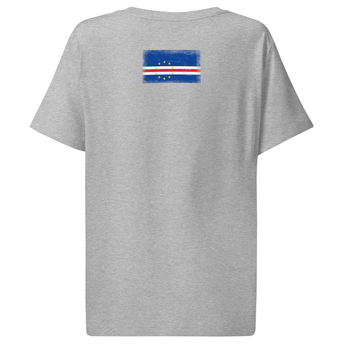 Cape Verde flag t-shirt in Heather Grey, vintage-washed print, flag across the upper back, women cut, back view