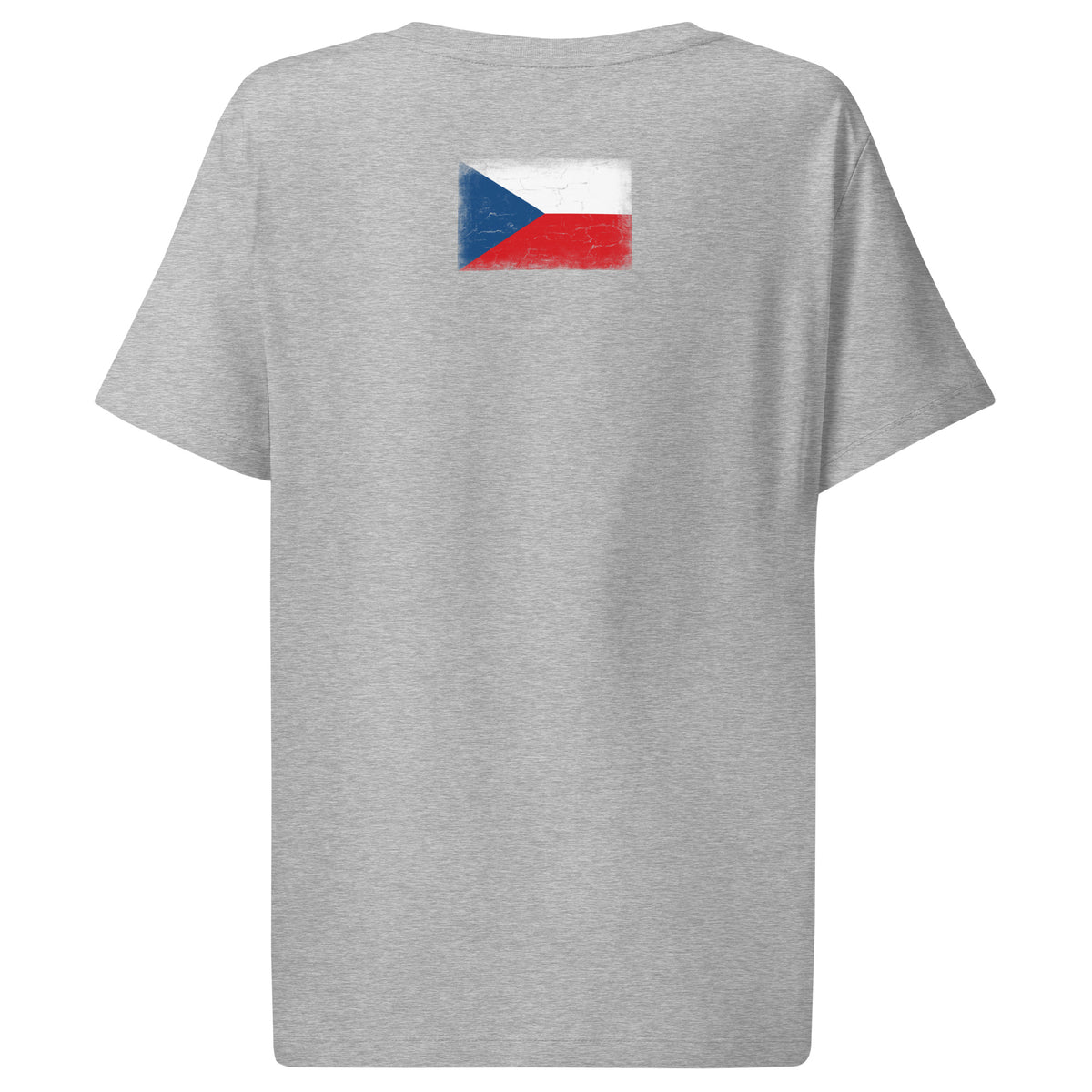 Czechia flag t-shirt in Heather Grey, vintage-washed print, flag across the upper back, women cut, back view