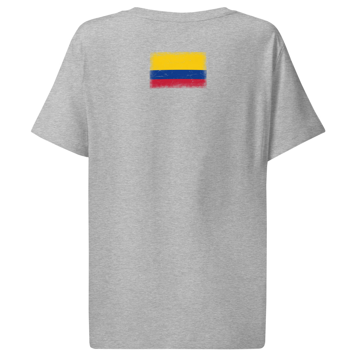 Colombia flag t-shirt in Heather Grey, vintage-washed print, flag across the upper back, women cut, back view