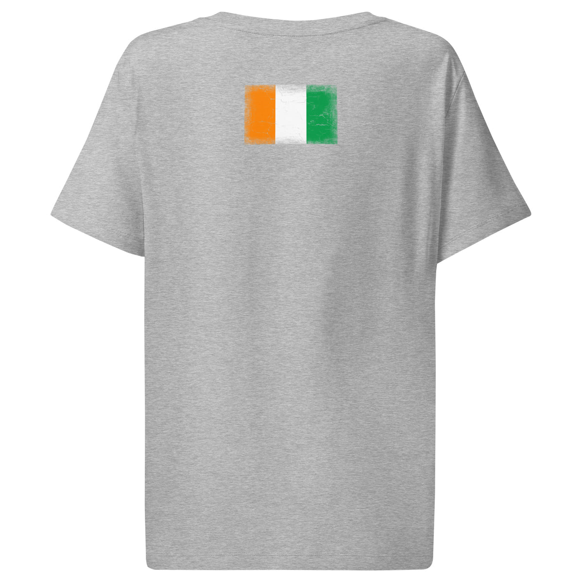 Côte d'Ivoire flag t-shirt in Heather Grey, vintage-washed print, flag across the upper back, women cut, back view