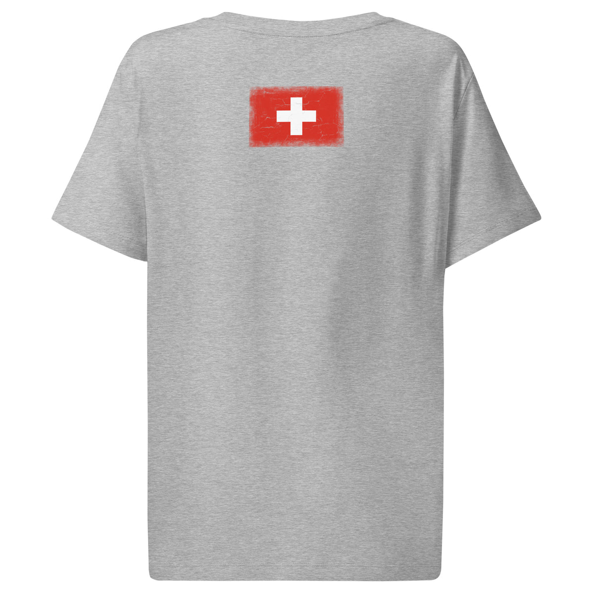 Switzerland flag t-shirt in Heather Grey, vintage-washed print, flag across the upper back, women cut, back view