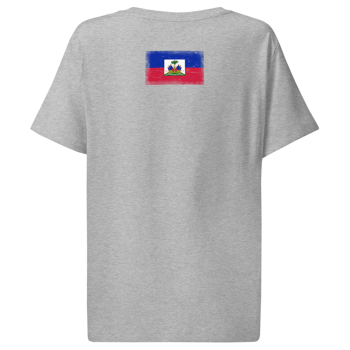 Haiti flag t-shirt in Heather Grey, vintage-washed print, flag across the upper back, women cut, back view