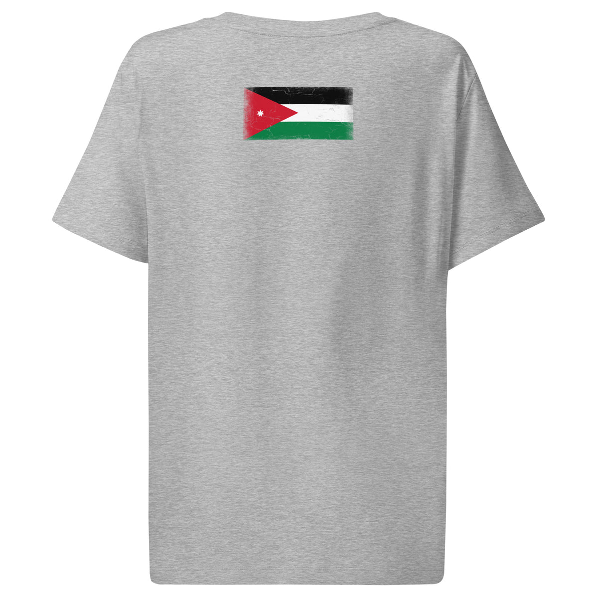 Jordan flag t-shirt in Heather Grey, vintage-washed print, flag across the upper back, women cut, back view