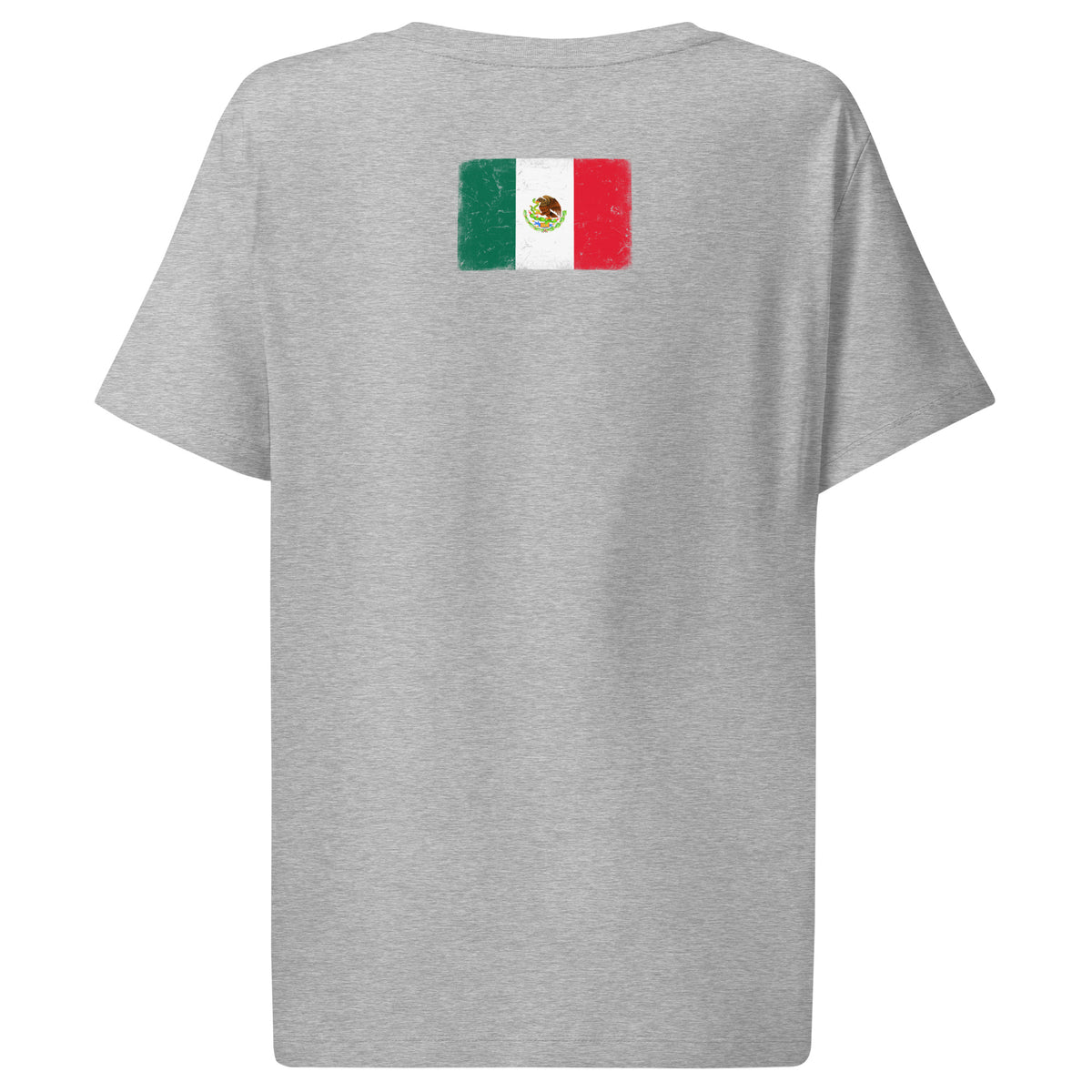 Mexico flag t-shirt in Heather Grey, vintage-washed print, flag across the upper back, women cut, back view