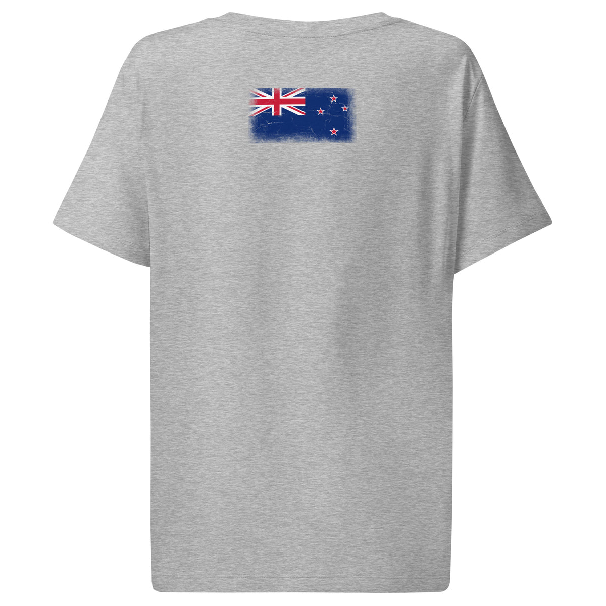 New Zealand flag t-shirt in Heather Grey, vintage-washed print, flag across the upper back, women cut, back view