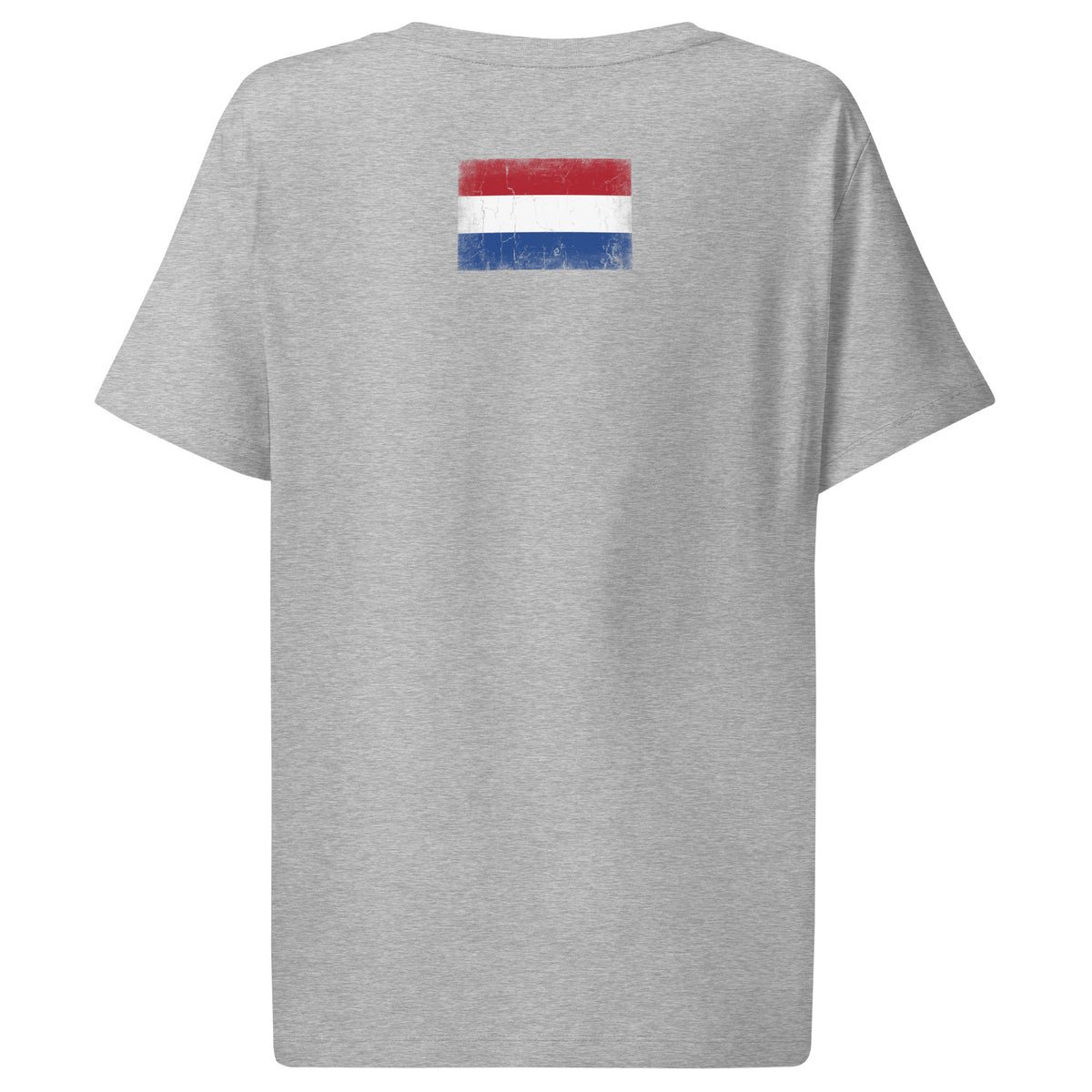 Netherlands flag t-shirt in Heather Grey, vintage-washed print, flag across the upper back, women cut, back view