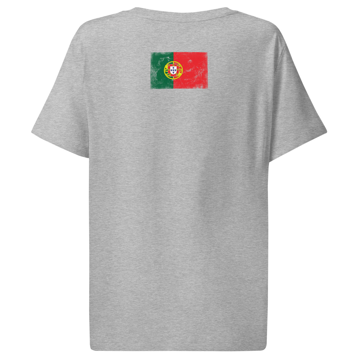 Portugal flag t-shirt in Heather Grey, vintage-washed print, flag across the upper back, women cut, back view