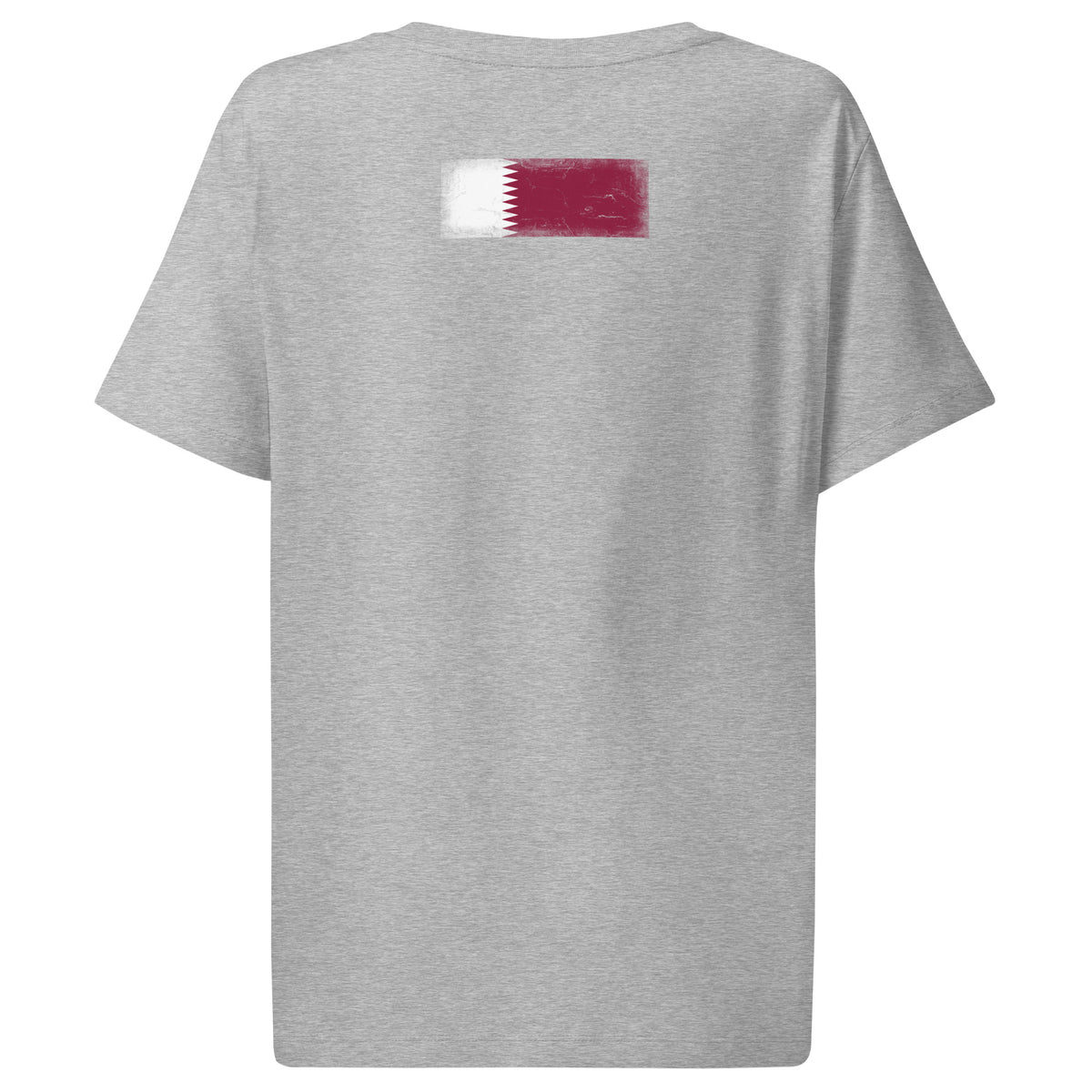 Qatar flag t-shirt in Heather Grey, vintage-washed print, flag across the upper back, women cut, back view
