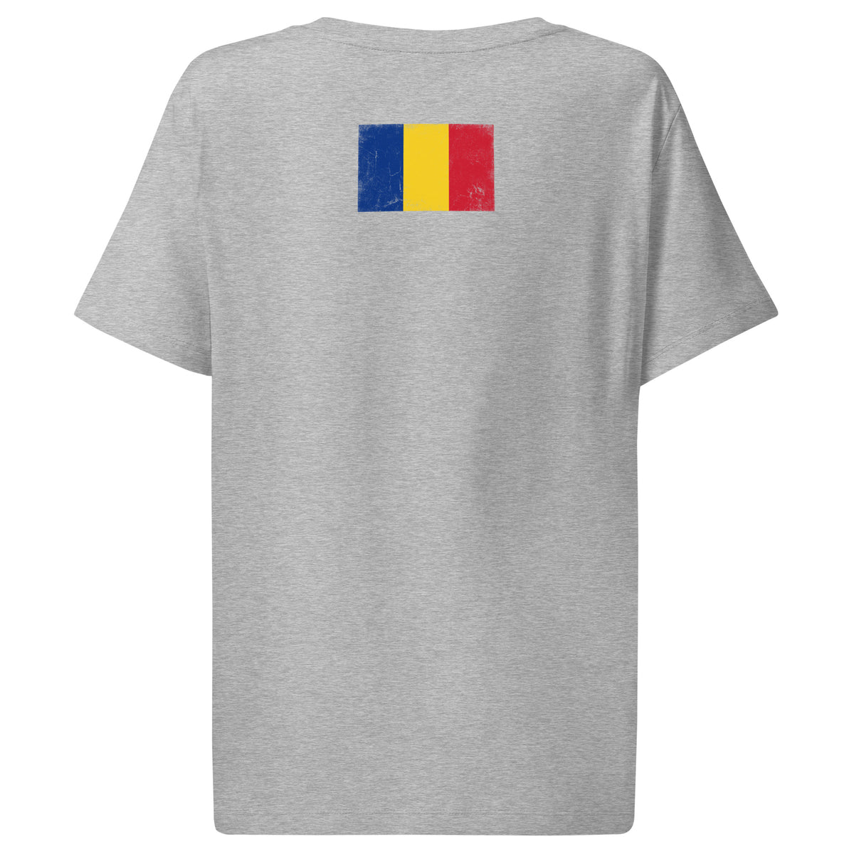 Romania flag t-shirt in Heather Grey, vintage-washed print, flag across the upper back, women cut, back view