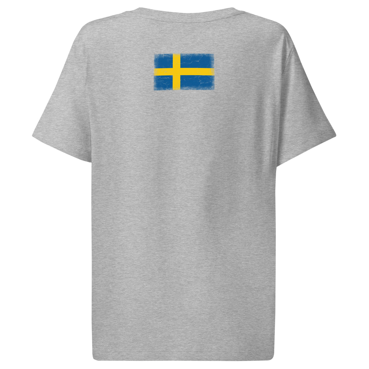 Sweden flag t-shirt in Heather Grey, vintage-washed print, flag across the upper back, women cut, back view