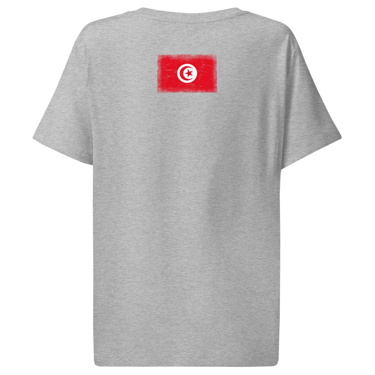 Tunisia flag t-shirt in Heather Grey, vintage-washed print, flag across the upper back, women cut, back view