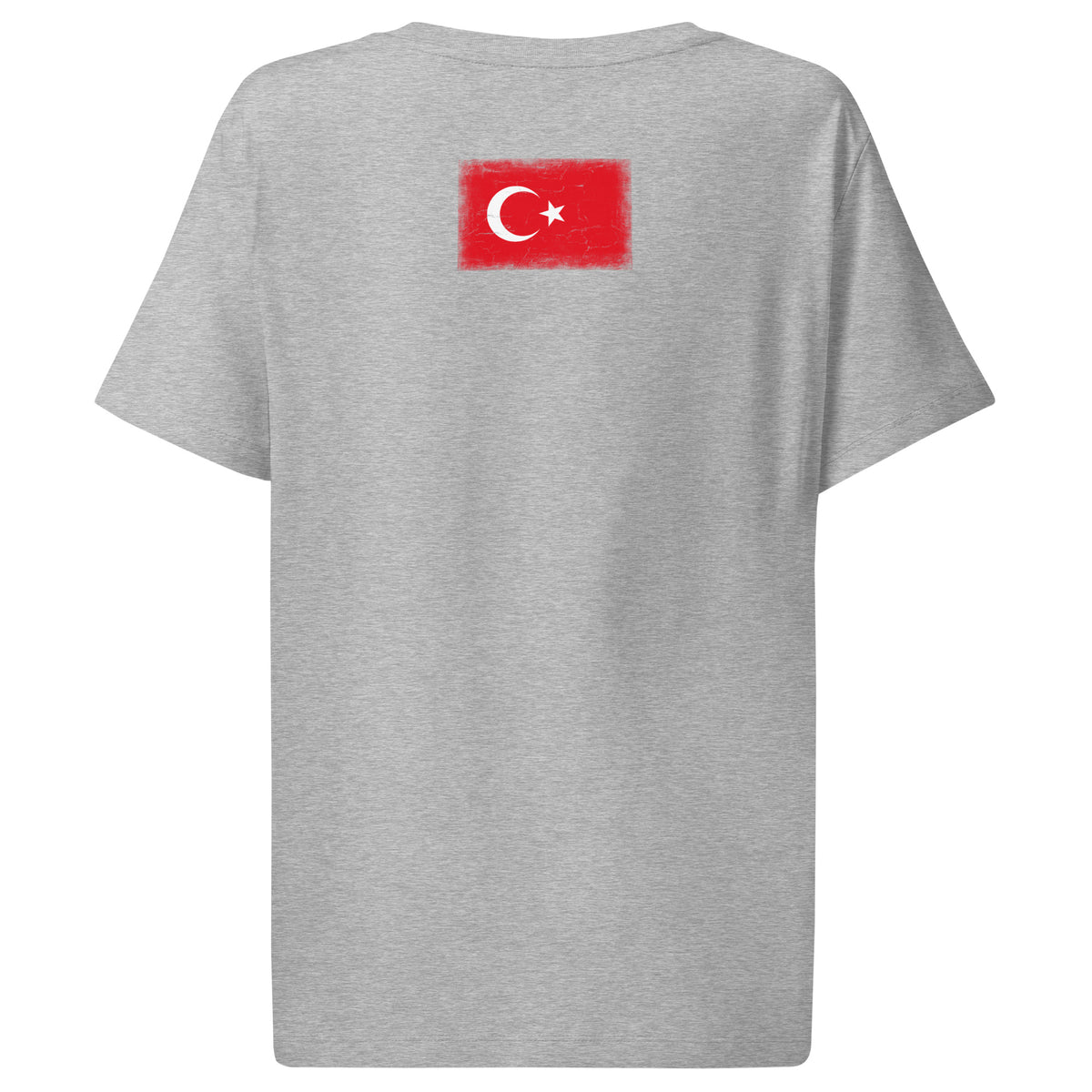 Turkey flag t-shirt in Heather Grey, vintage-washed print, flag across the upper back, women cut, back view