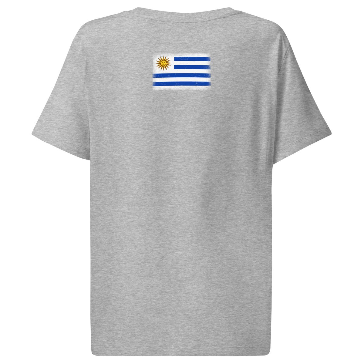 Uruguay flag t-shirt in Heather Grey, vintage-washed print, flag across the upper back, women cut, back view