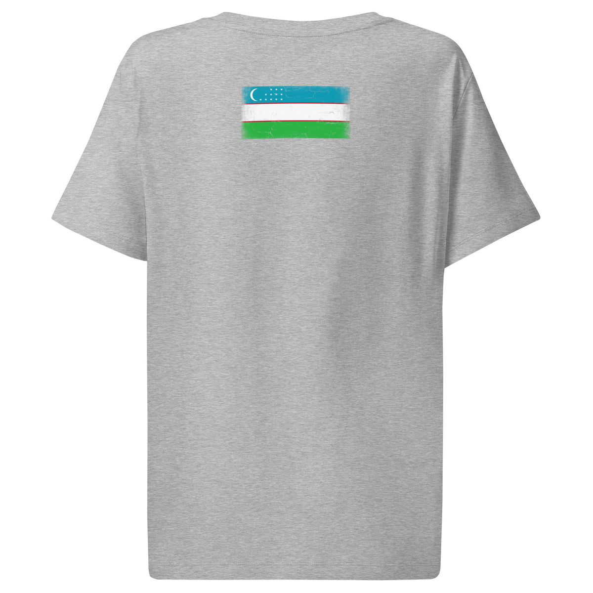 Uzbekistan flag t-shirt in Heather Grey, vintage-washed print, flag across the upper back, women cut, back view