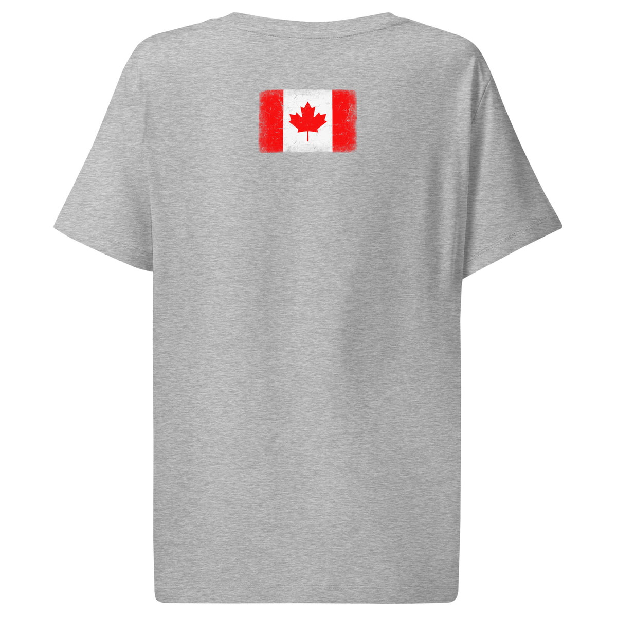 Canada flag t-shirt in Heather Grey, vintage-washed print, flag across the upper back, women cut, back view